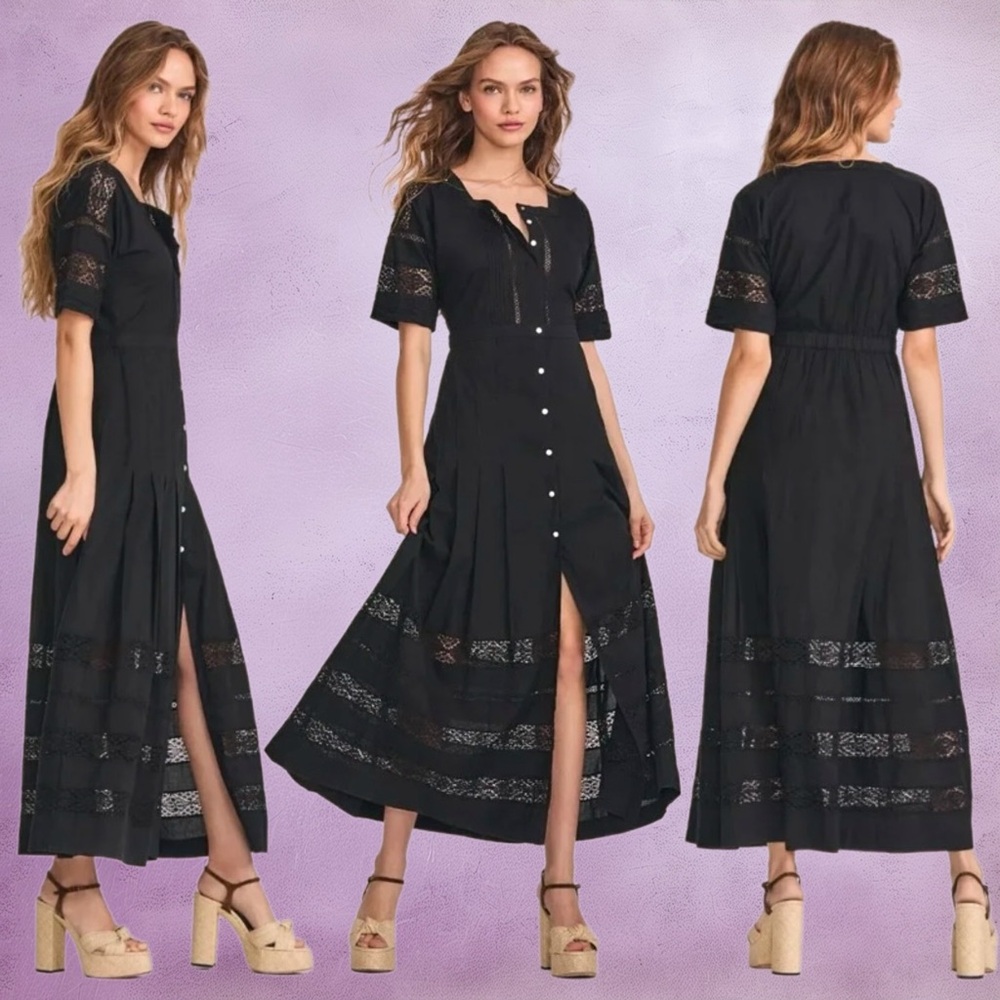 loveshackfancy • edie button down maxi dress black crochet lace l